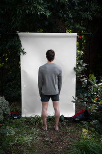 Shale | EDN Genesis mens long sleeve on-body rear view, organic cotton