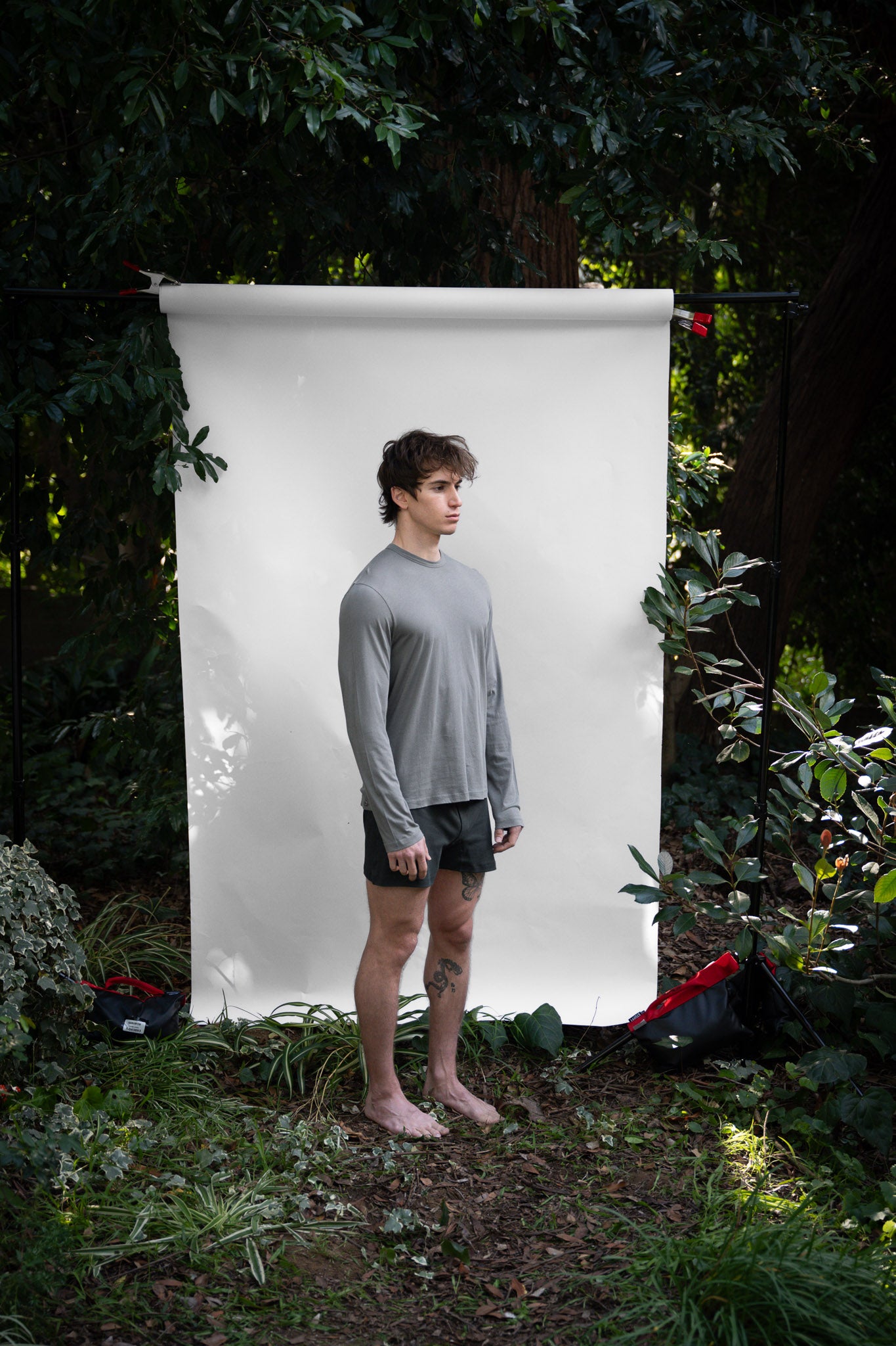 Shale | EDN Genesis mens long sleeve on-body side view, organic cotton