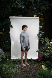 Shale | EDN Genesis mens long sleeve on-body side view, organic cotton