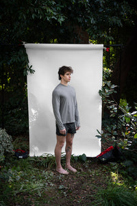 Shale | EDN Genesis mens long sleeve on-body side view, organic cotton