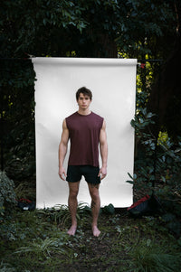 Clay | EDN Genesis mens muscle tee on-body front view, organic cotton