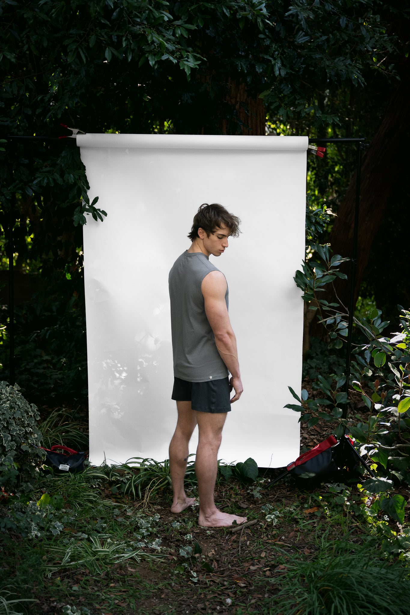 Shale | EDN Genesis mens muscle tee on-body rear view, organic cotton