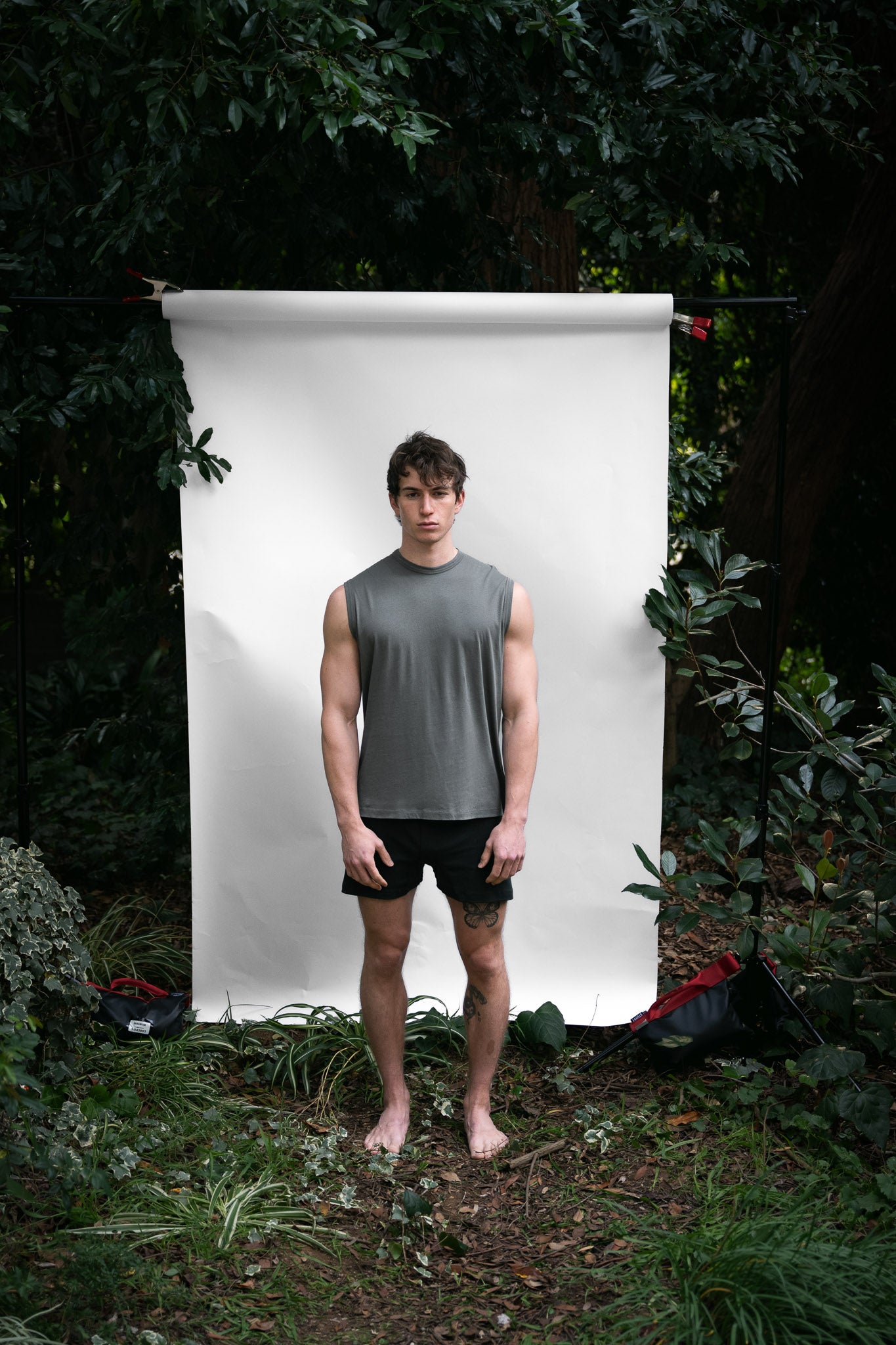 Shale | EDN Genesis mens muscle tee on-body front view, organic cotton