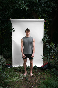 Shale | EDN Genesis mens muscle tee on-body front view, organic cotton