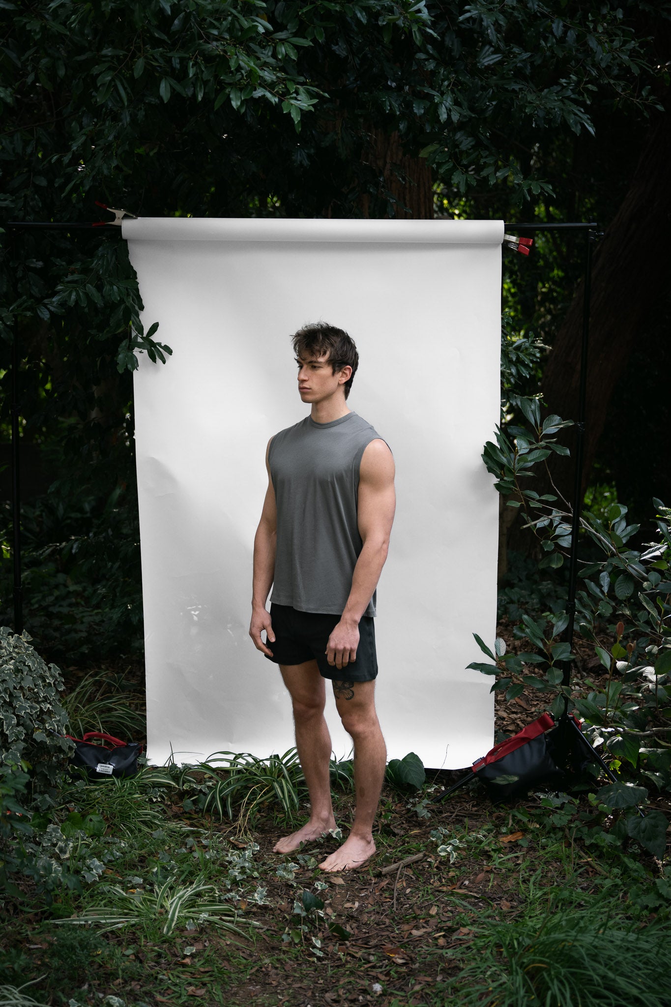 Shale | EDN Genesis mens muscle tee on-body side view, organic cotton