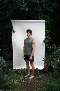 Shale | EDN Genesis mens muscle tee on-body side view, organic cotton