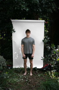 Shale | EDN Genesis mens t-shirt on-body front view, organic cotton