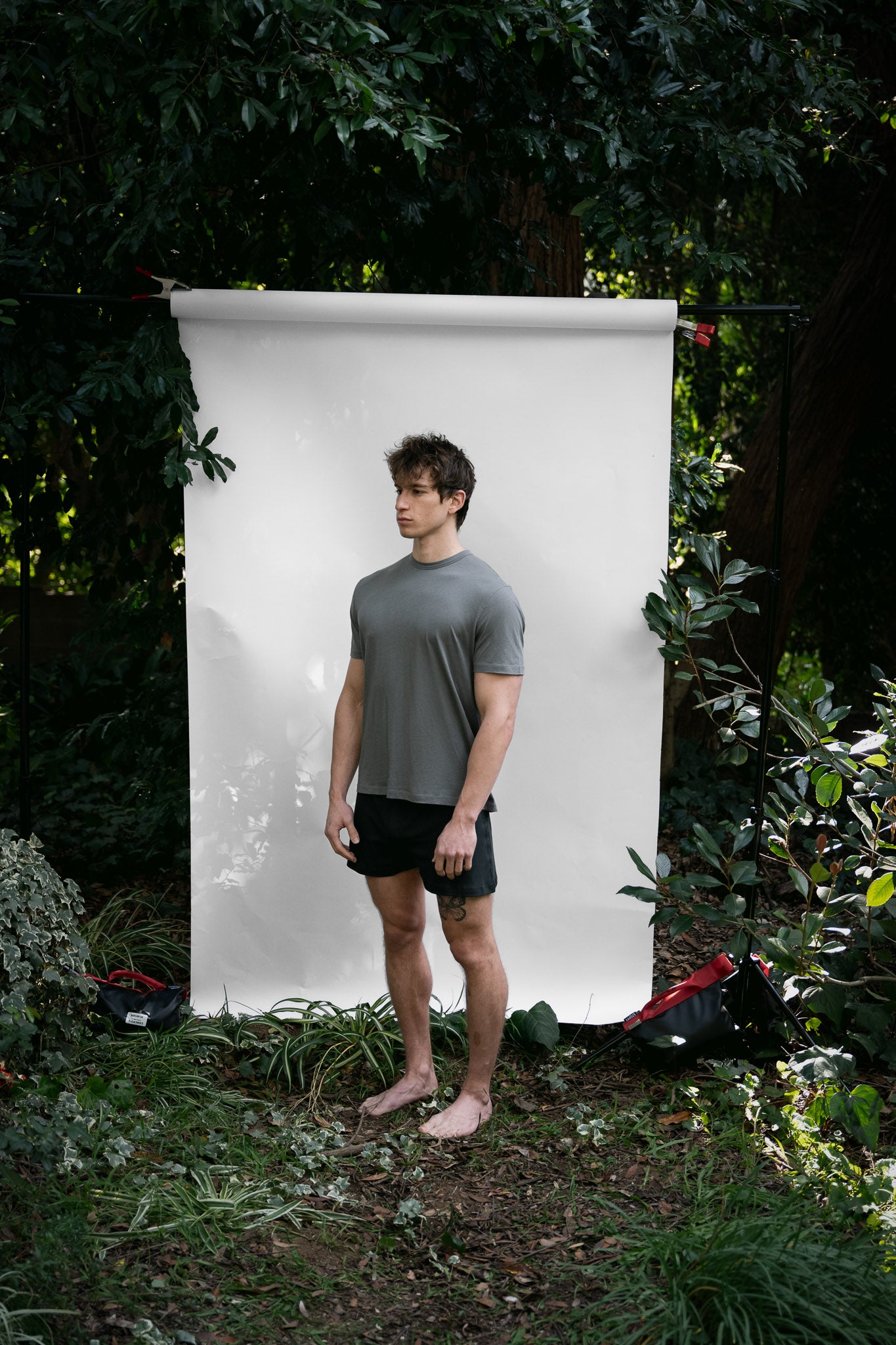 Shale | EDN Genesis mens t-shirt on-body side view, organic cotton