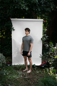 Shale | EDN Genesis mens t-shirt on-body side view, organic cotton