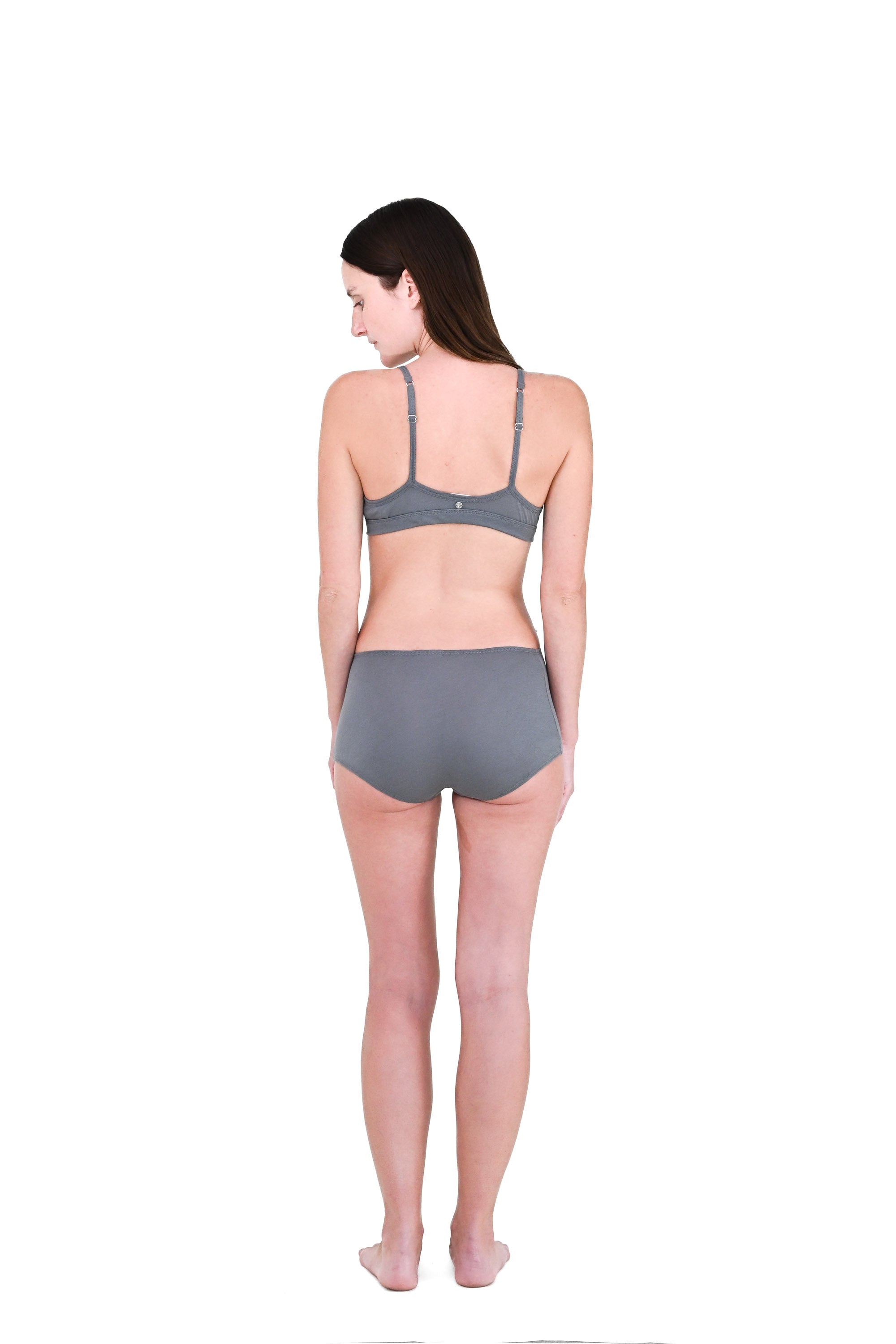 Shale | EDN Genesis womens bralette rear view on body, organic cotton