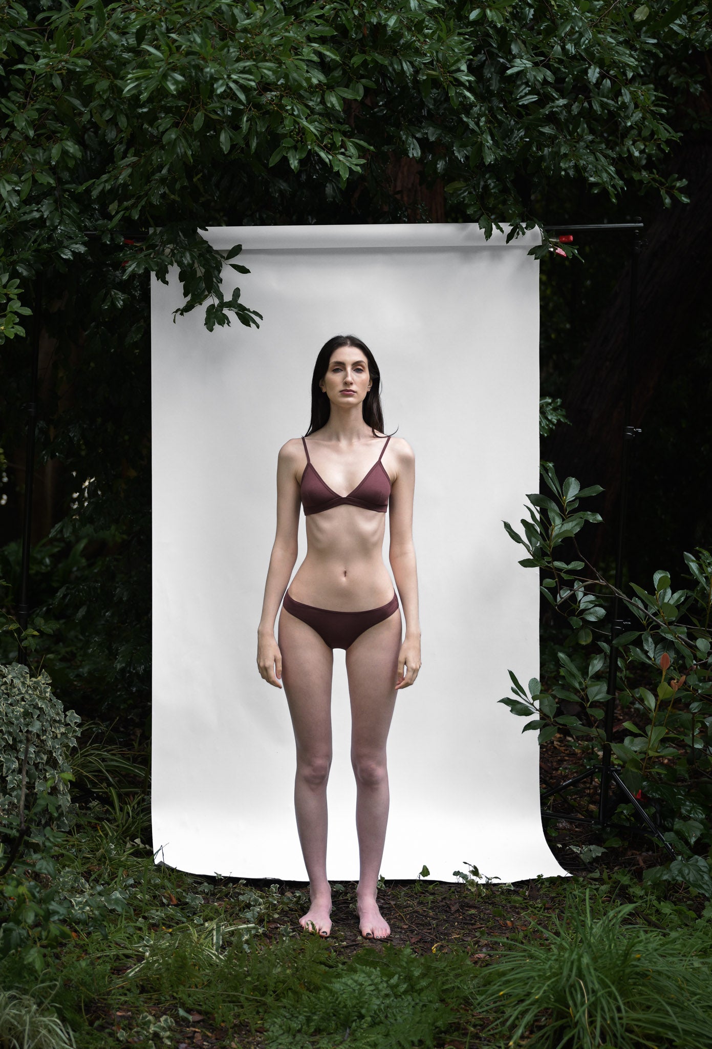 Clay | EDN Genesis womens bralette front view on body, organic cotton