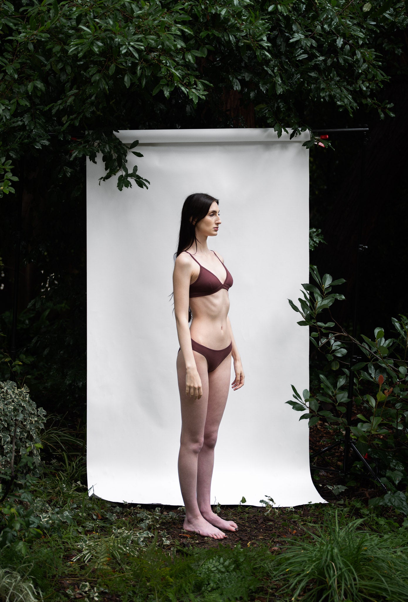 Clay | EDN Genesis womens bralette side view on body, organic cotton