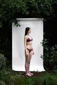 Clay | EDN Genesis womens bralette side view on body, organic cotton