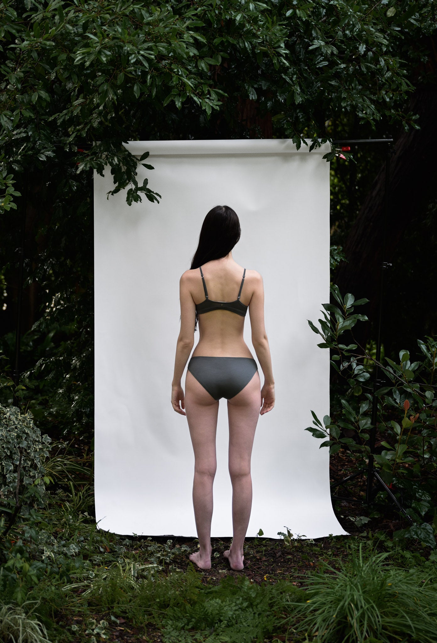 Shale | EDN Genesis womens bralette rear view on body, organic cotton