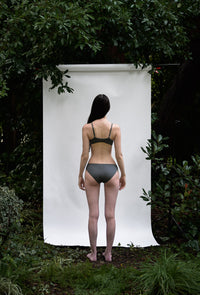 Shale | EDN Genesis womens bralette rear view on body, organic cotton