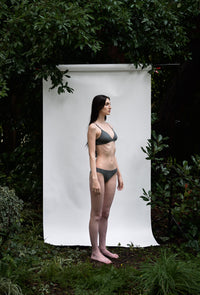 Shale | EDN Genesis womens bralette side view on body, organic cotton