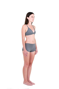 Shale | EDN Genesis womens bralette side view on body, organic cotton