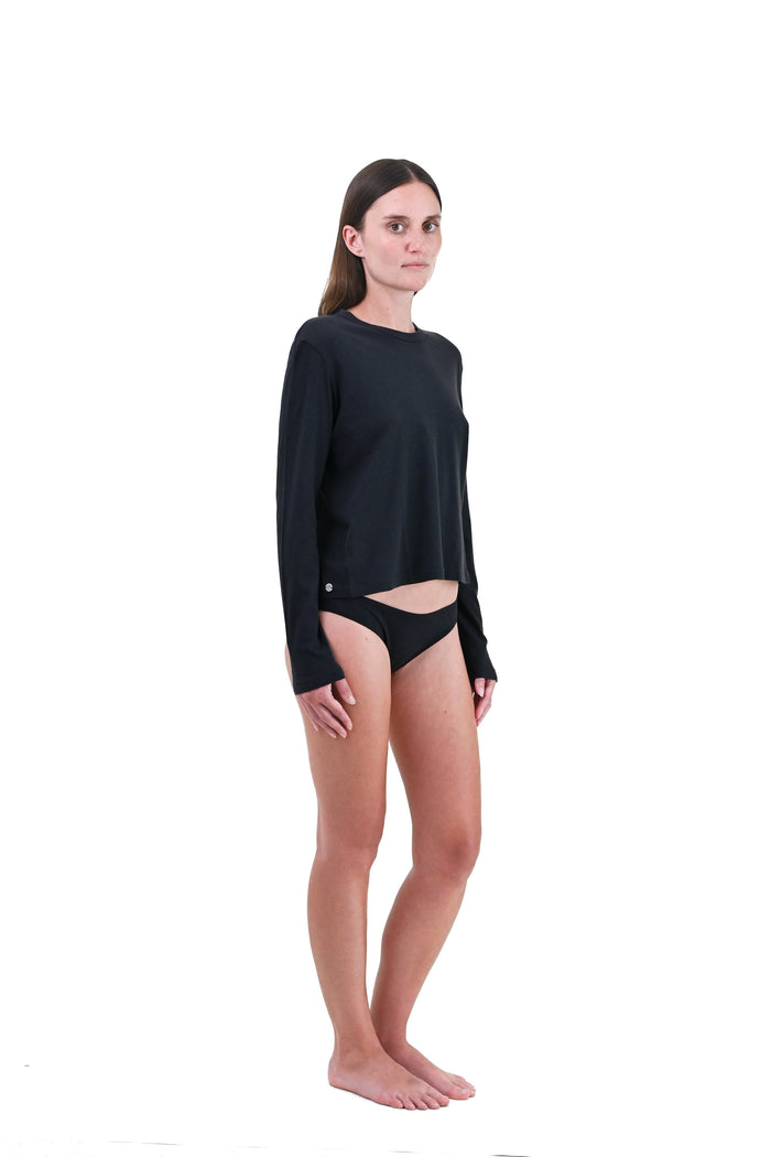 Cinder | EDN Genesis womens long sleeve on-body side view, organic cotton