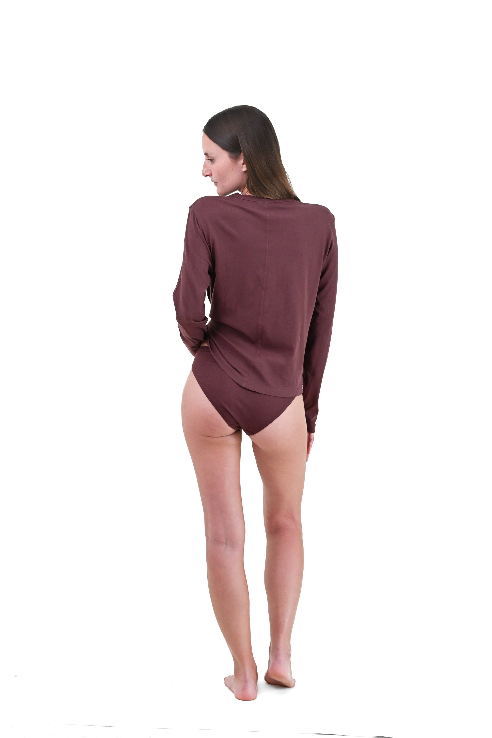 Clay | EDN Genesis womens long sleeve on-body rear view, organic cotton