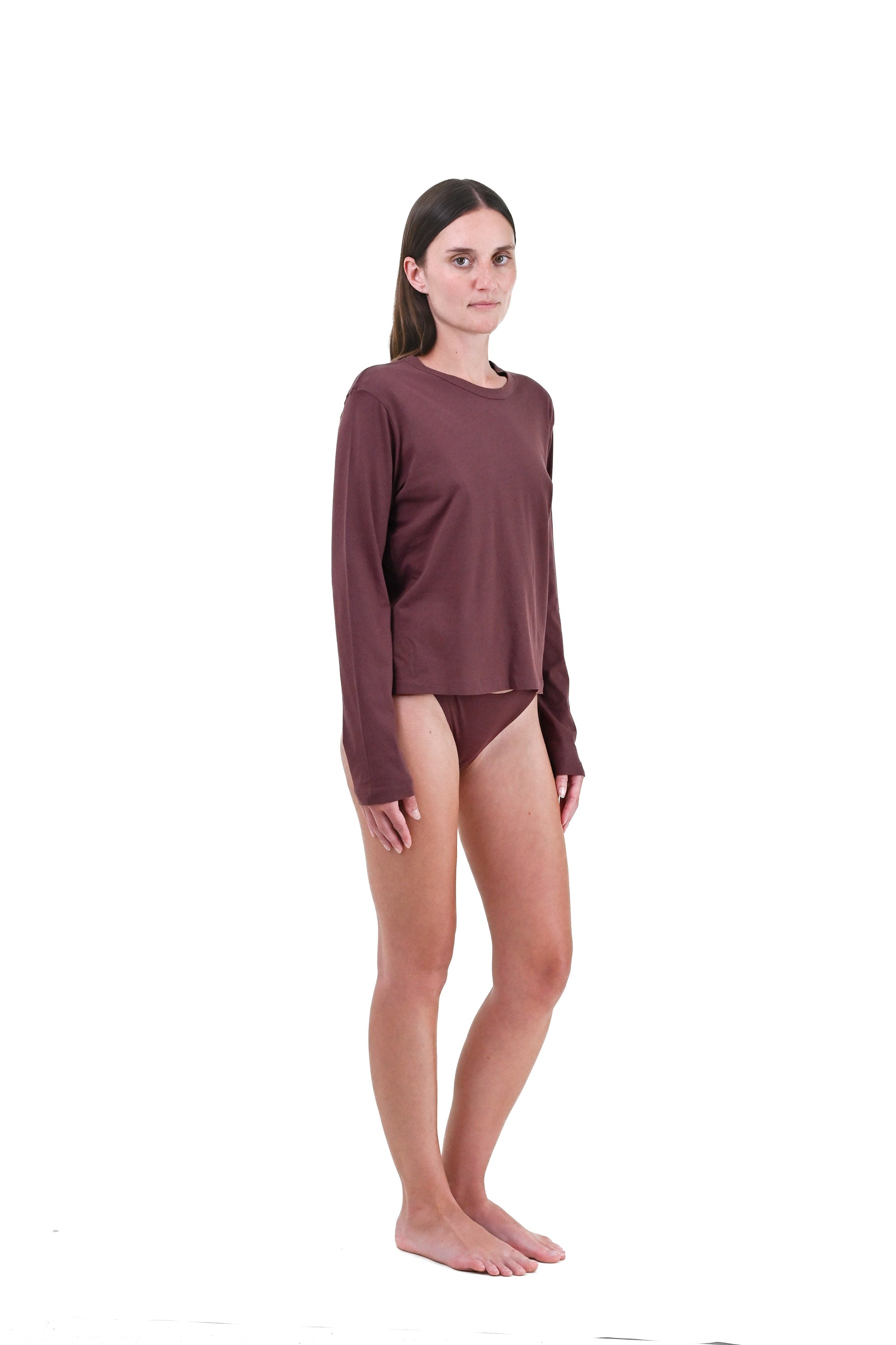 Clay | EDN Genesis womens long sleeve on-body side view, organic cotton