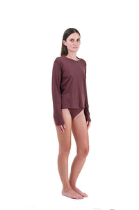 Clay | EDN Genesis womens long sleeve on-body side view, organic cotton