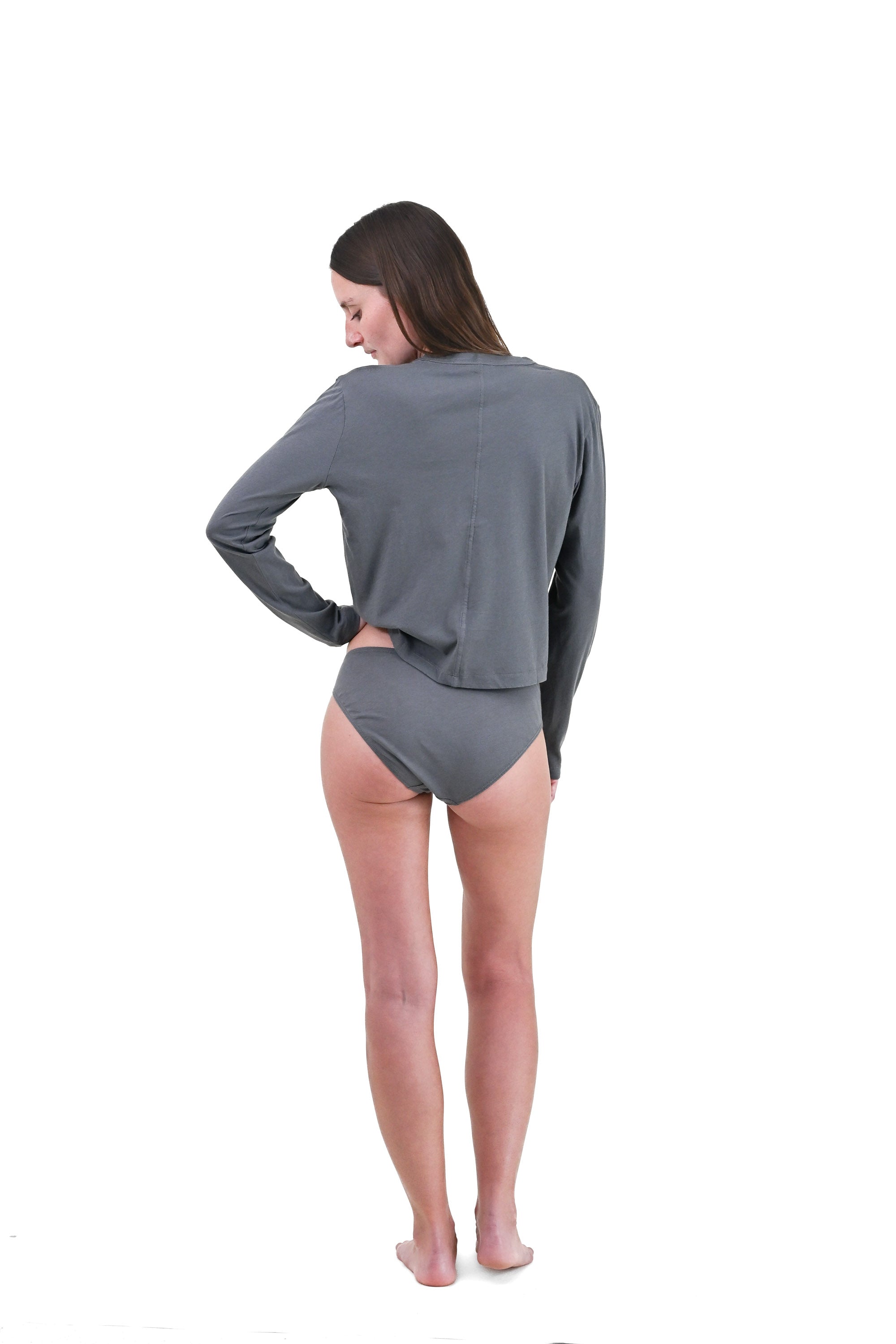 Shale | EDN Genesis womens long sleeve on-body rear view, organic cotton