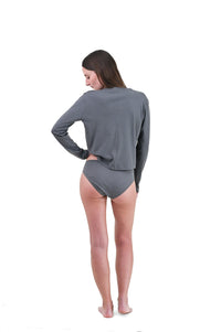 Shale | EDN Genesis womens long sleeve on-body rear view, organic cotton