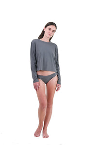 Shale | EDN Genesis womens long sleeve on-body front view, organic cotton