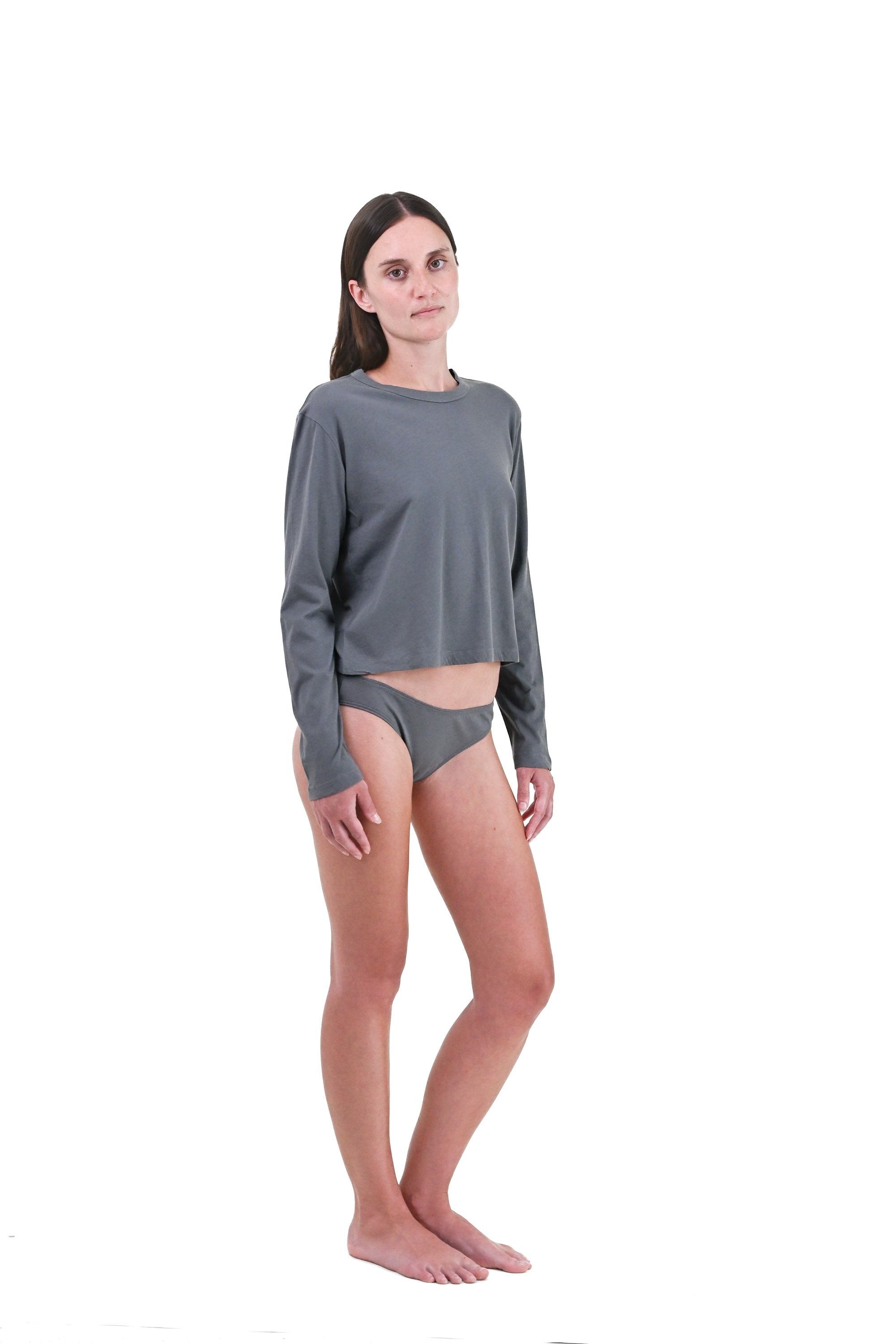 Shale | EDN Genesis womens long sleeve on-body side view, organic cotton