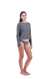 Shale | EDN Genesis womens long sleeve on-body side view, organic cotton