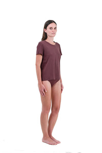 Clay | EDN Genesis womens t-shirt on-body side view, organic cotton