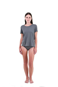 Shale | EDN Genesis womens t-shirt on-body front view, organic cotton