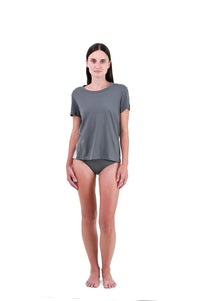 Shale | EDN Genesis womens t-shirt on-body front view, organic cotton