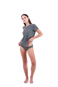 Shale | EDN Genesis womens t-shirt on-body front view, organic cotton