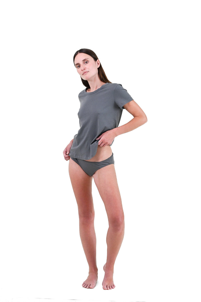 Shale | EDN Genesis womens t-shirt on-body front view, organic cotton