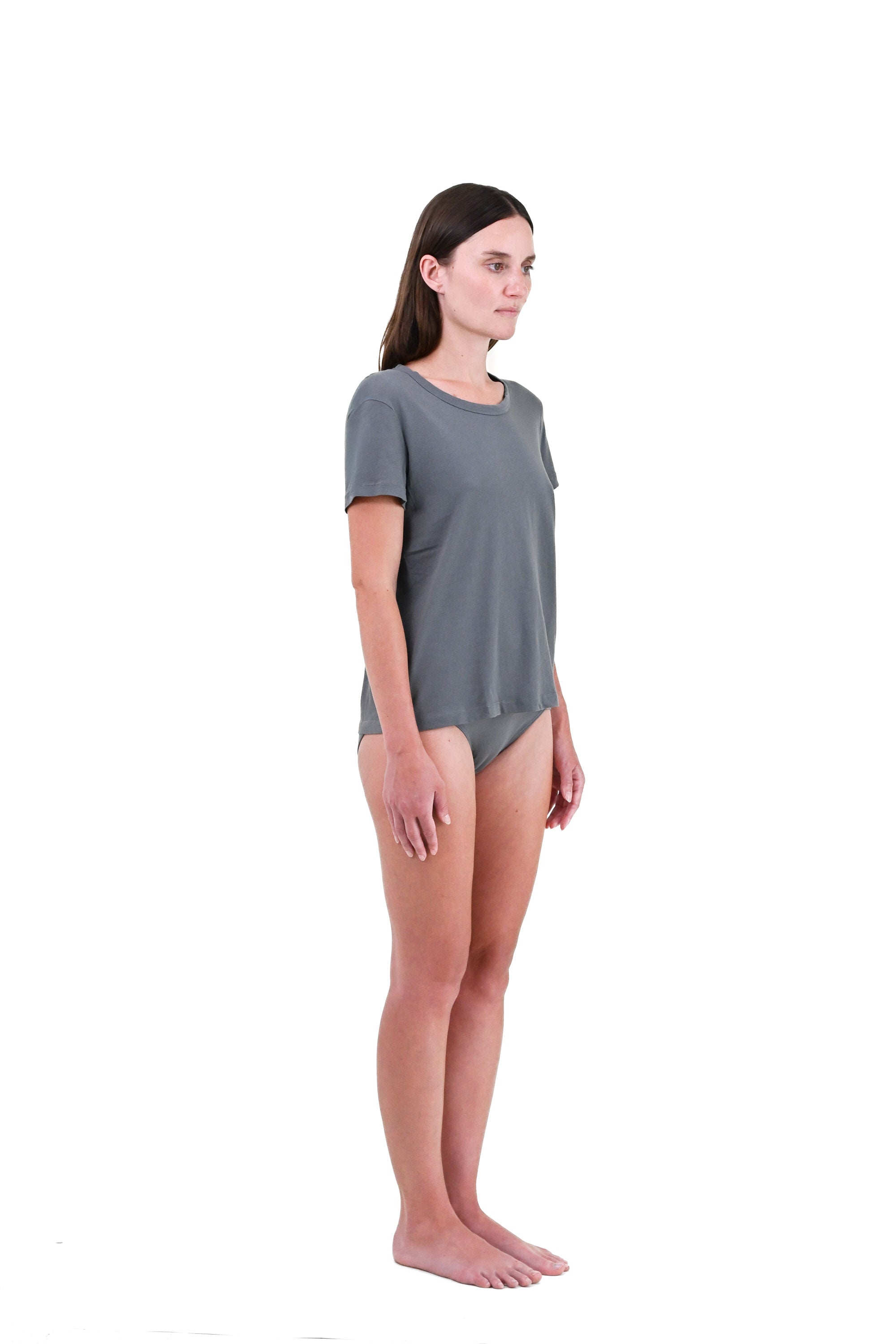 Shale | EDN Genesis womens t-shirt on-body side view, organic cotton