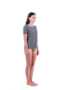 Shale | EDN Genesis womens t-shirt on-body side view, organic cotton