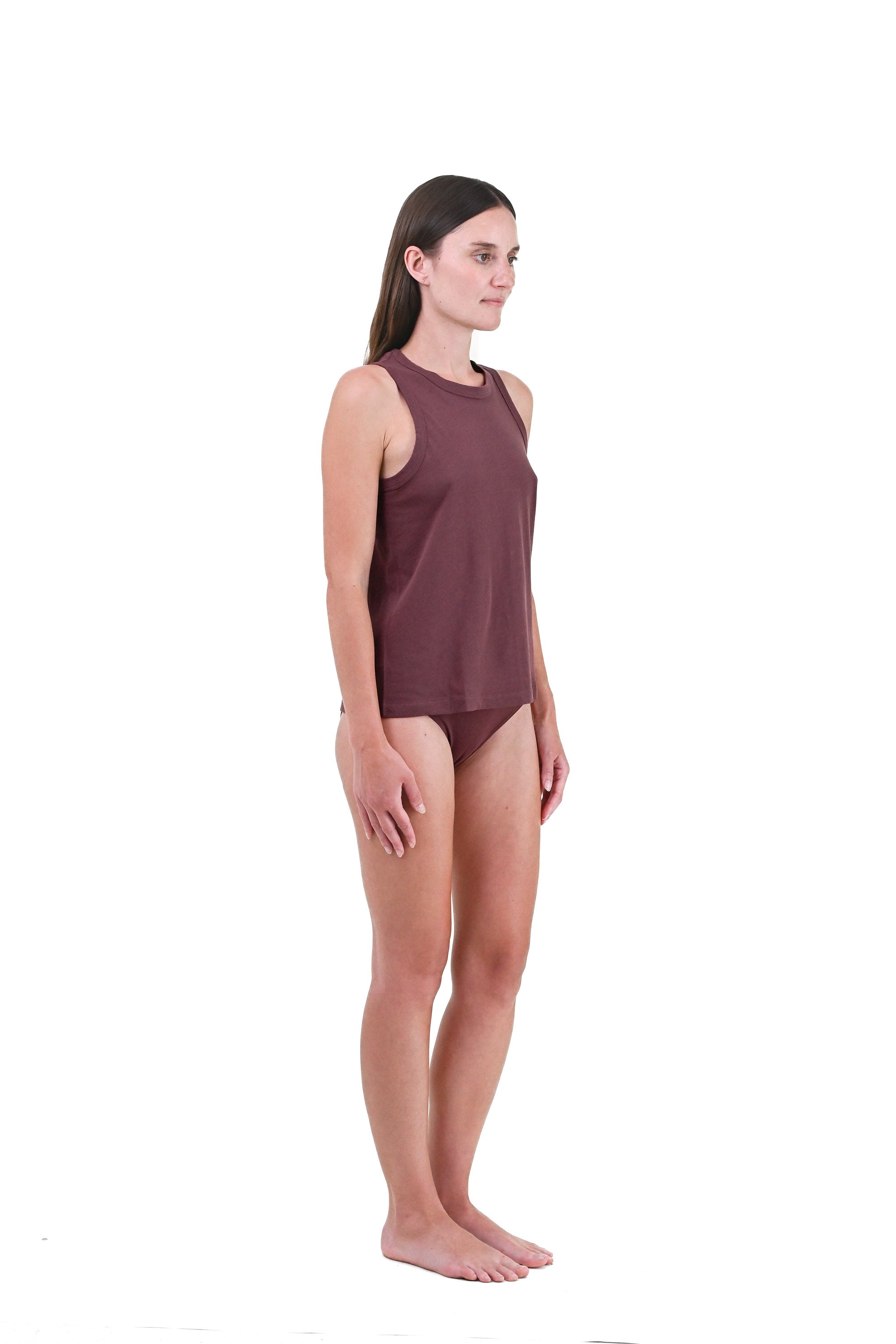 Clay | EDN Genesis womens tank on-body side view, organic cotton