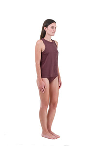 Clay | EDN Genesis womens tank on-body side view, organic cotton