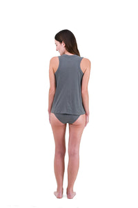Shale | EDN Genesis womens tank on-body rear view, organic cotton