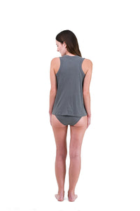 Shale | EDN Genesis womens tank on-body rear view, organic cotton