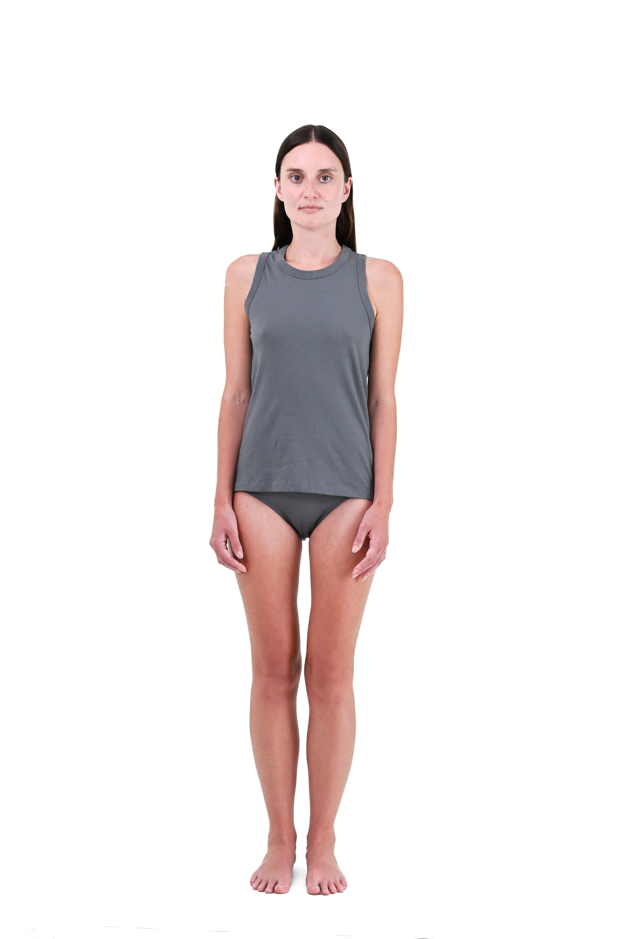 Shale | EDN Genesis womens tank on-body front view, organic cotton