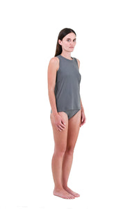 Shale | EDN Genesis womens tank on-body side view, organic cotton