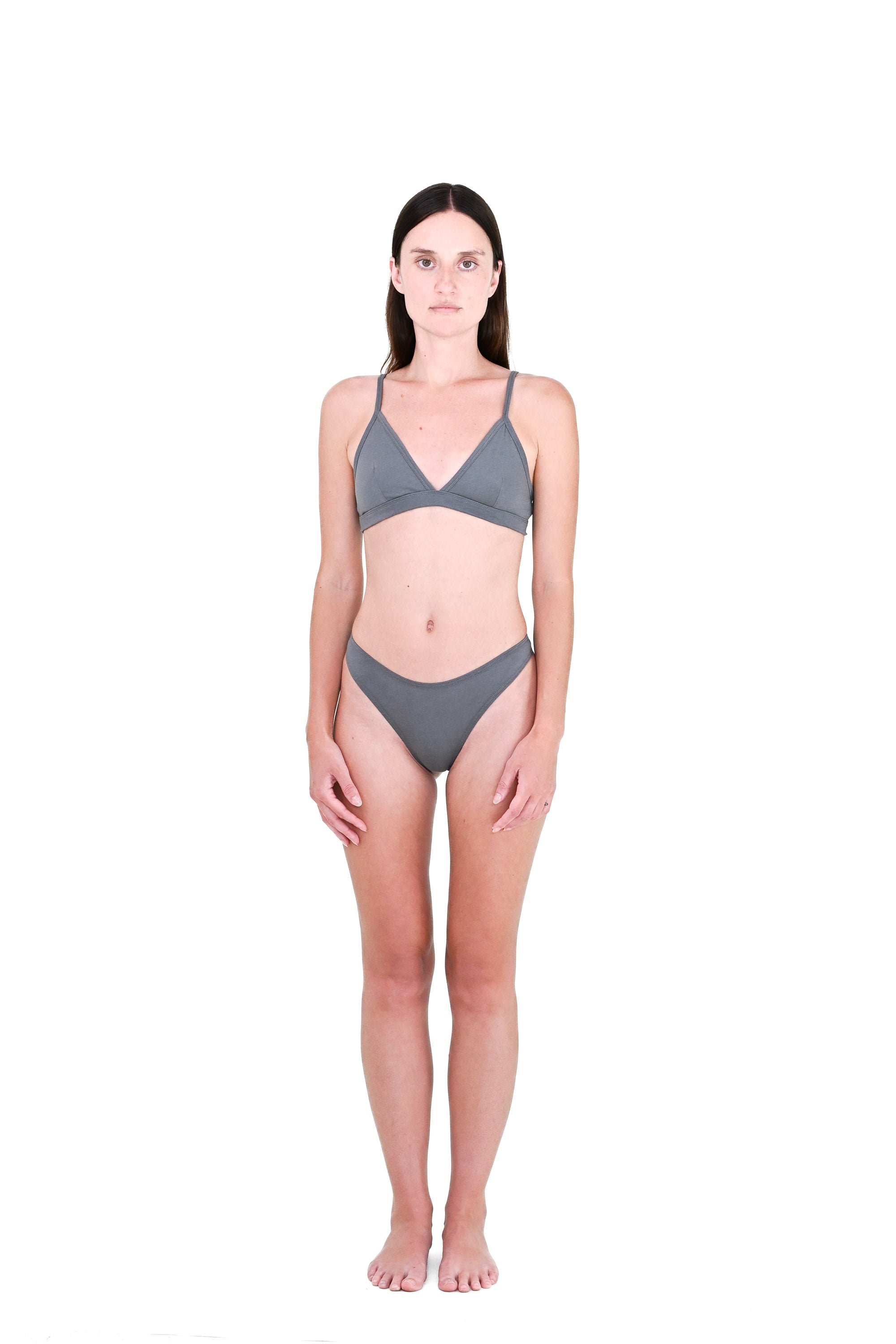Shale | EDN Genesis womens thong on-body front view, organic cotton